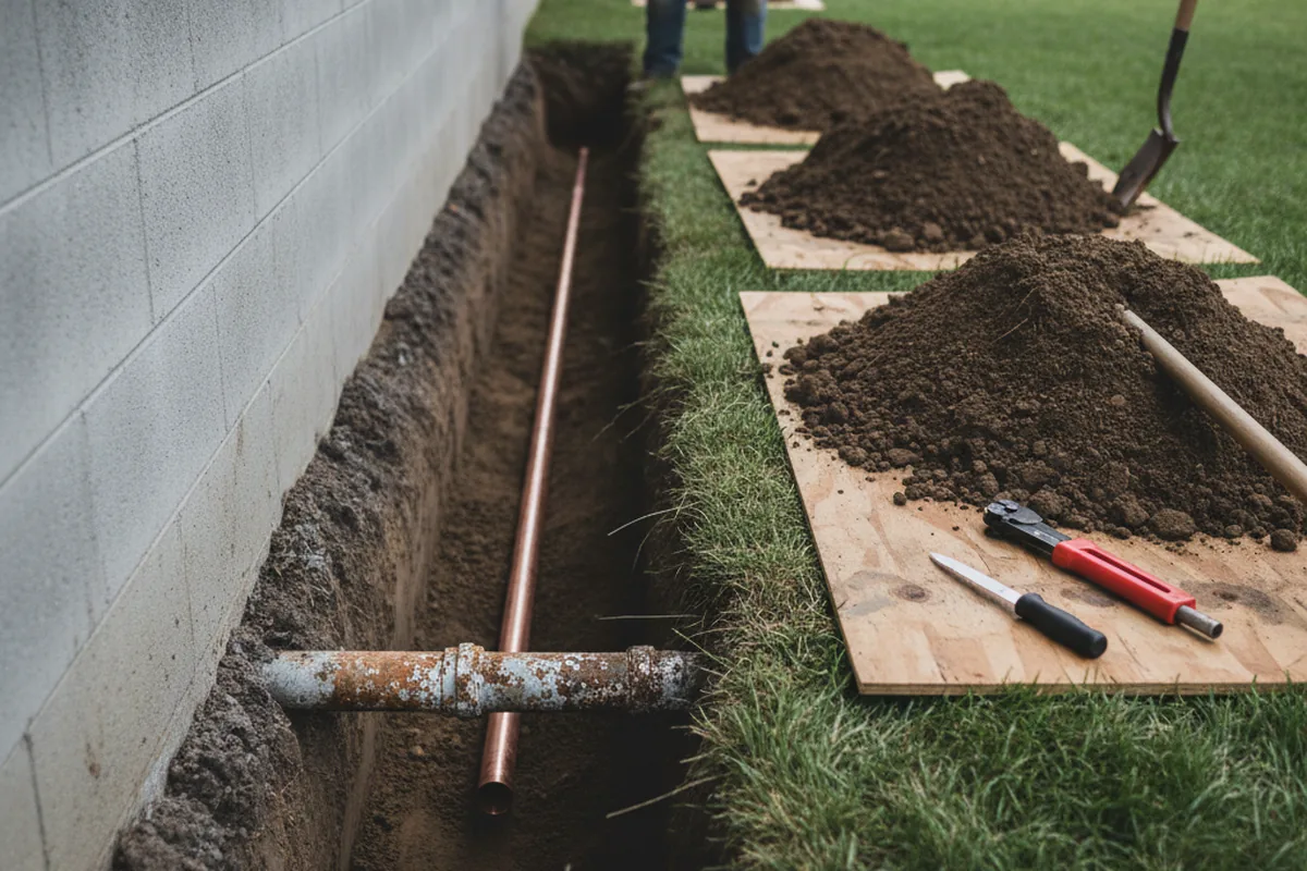 Excavated water line trench during Water Softener Installation in South Windham